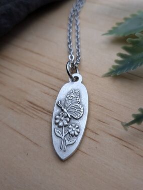 Antique Silver Butterfly & Floral Pendant Necklace